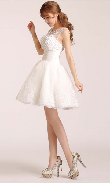 short white beaded illusion cinched waist homecoming dress